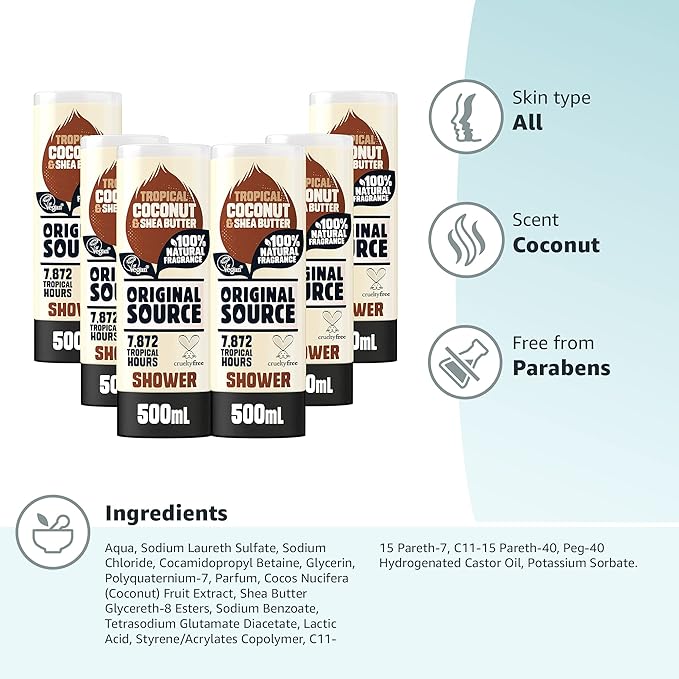 Original Source جل استحمام أصلي من جوز الهند وزبدة الشيا 100% عطر طبيعي نباتي خالي من القسوة خالي من البارابين عبوة شراء بالجملة من 6 × 500 مل - Image 5