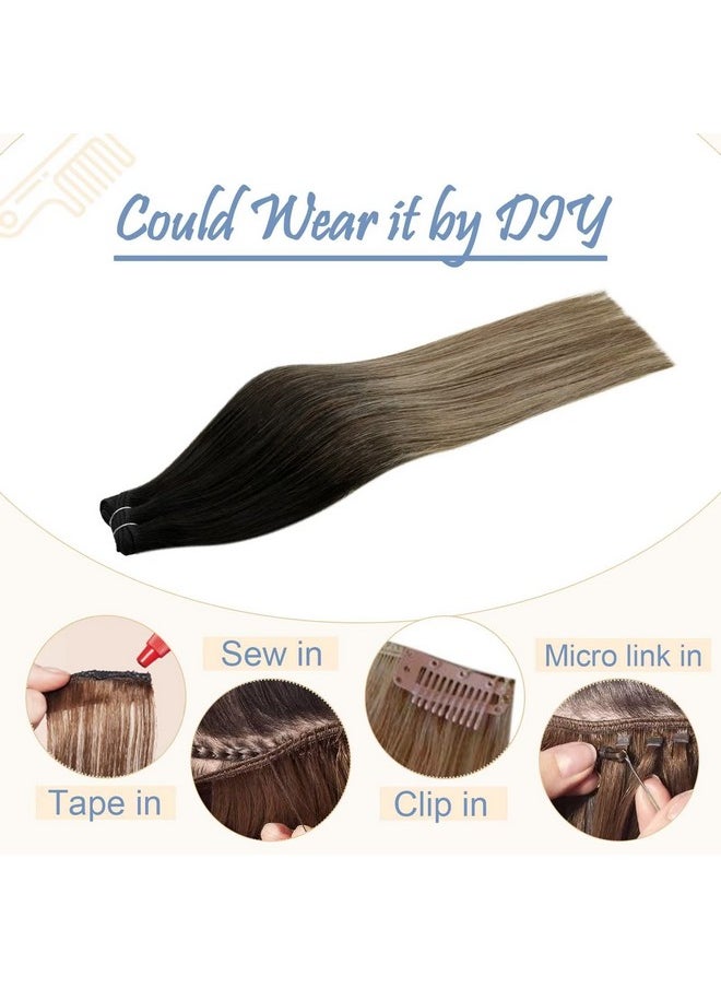 Easyouth - Weft Hair Extensions Human Hair Ombre Black To Brown Mix Blonde Balayage Weft Hair Extensions Human Hair Sew In Extensions 14 Inch 70Grams Sew In Human Hair Weft Extensions - Image 1