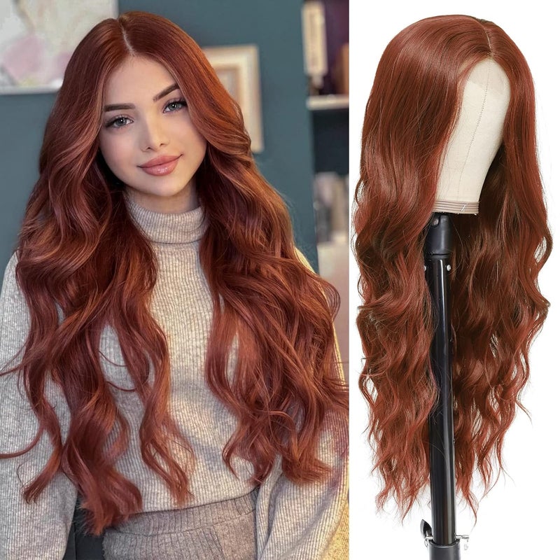 NAYOO Auburn Wig for Women 26 Inch Long Auburn Wavy Wigs for Women Natural Looking Cooper Red Wig Heat Resistant Synthetic Hair Wig Middle Part Cooper Red Curly wig for Daily Party Use