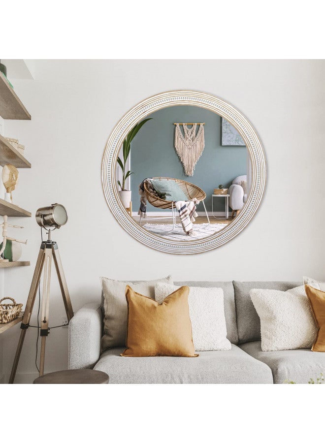Reflinto Reflinto 32" Round Mirrors for Wall Decor Wooden Decorative Mirrors, Farmhouse Circle Mirror for Bathroom Rustic Distressed Hanging Mirror for Living Room, Foyer, Entryway  - Image 3