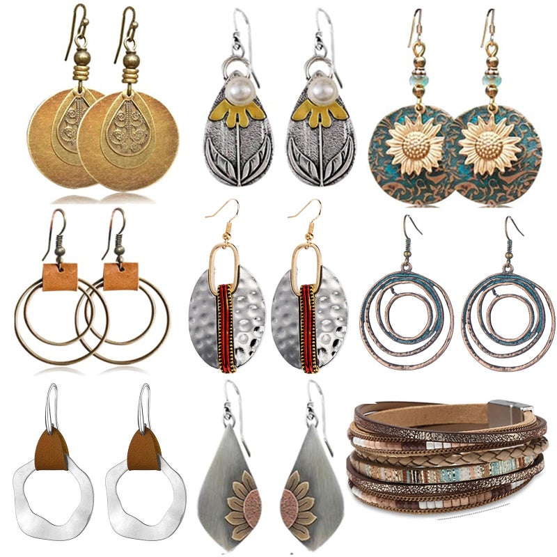 FIFATA 9 Pairs Boho Earrings for Women Vintage Jewelry Set Teardrop Sunflower Dangle Earrings with Leather Wrap Bracelets Christmas Gifts - Image 1