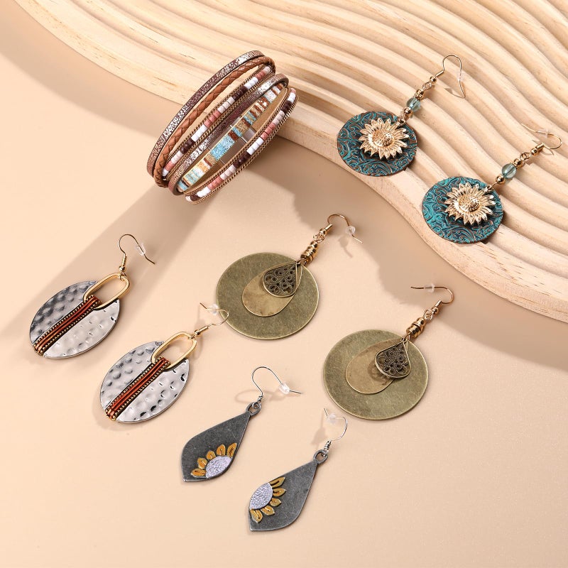 FIFATA 9 Pairs Boho Earrings for Women Vintage Jewelry Set Teardrop Sunflower Dangle Earrings with Leather Wrap Bracelets Christmas Gifts - Image 3