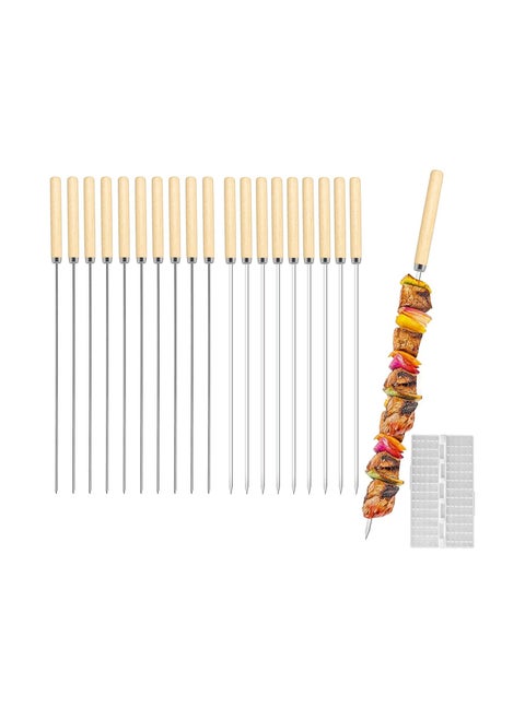 Kebab Skewers, 20 Pcs Stainless Steel BBQ Skewers Reusable Metal Skewer Sticks Flat and Round Barbecue Grilling Skewers Meat Skewers with Wooden Handle, with Quick Meat String Device