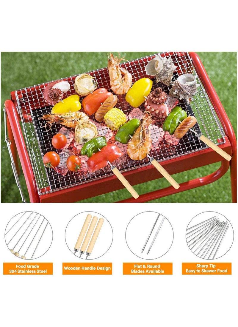 SYOSI Kebab Skewers, 20 Pcs Stainless Steel BBQ Skewers Reusable Metal Skewer Sticks Flat and Round Barbecue Grilling Skewers Meat Skewers with Wooden Handle, with Quick Meat String Device  - Image 3