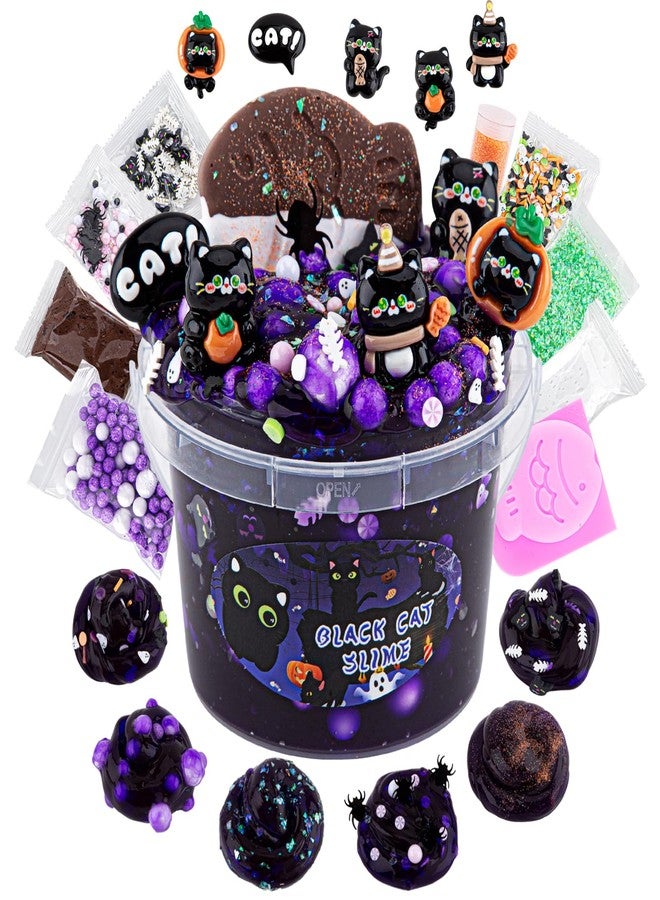 LAWOHO 300ml Black Cat Slime Kit with Clay, Purple Clear Slime Bucket for Girls & Boys with 9 Packs Cat Add-Ins for Kids Slime Toys, Non Stick Slime Making Kit for Birthday Halloween Christmas Easter - Image 1