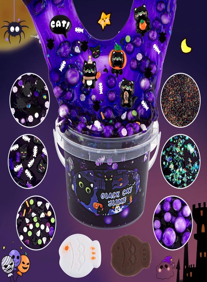 LAWOHO 300ml Black Cat Slime Kit with Clay, Purple Clear Slime Bucket for Girls & Boys with 9 Packs Cat Add-Ins for Kids Slime Toys, Non Stick Slime Making Kit for Birthday Halloween Christmas Easter - Image 3