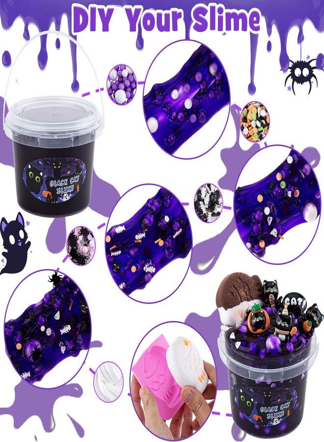 LAWOHO 300ml Black Cat Slime Kit with Clay, Purple Clear Slime Bucket for Girls & Boys with 9 Packs Cat Add-Ins for Kids Slime Toys, Non Stick Slime Making Kit for Birthday Halloween Christmas Easter - Image 5