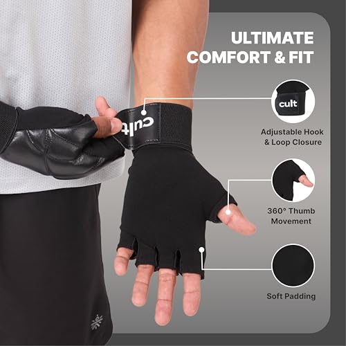 CULT Fitness Training Gloves for Men & Women – Premium Grip Unisex Workout Gloves with Breathable Lycra & Half-Finger Design – Durable, Anti-Slip, Sweat-Absorbent Gym Gloves Black | XL - Image 2