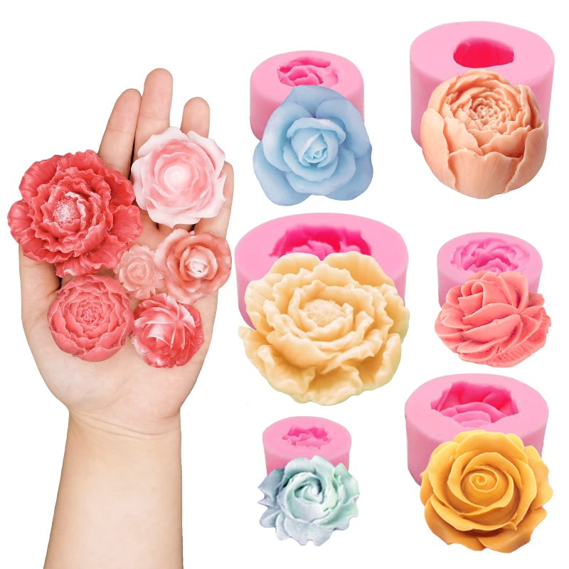 Wehous 6PCS 3D Flower Fondant Molds Set, Rose Silicone Molds for Candle Soap Making, Handmade Cake Dessert Decoration Chocolate Cupcake Candy Ice Mold, Resin Concrete Art Crafts Accessories - Image 1