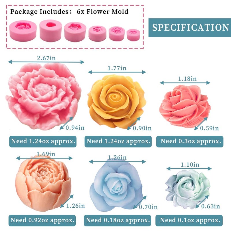 Wehous 6PCS 3D Flower Fondant Molds Set, Rose Silicone Molds for Candle Soap Making, Handmade Cake Dessert Decoration Chocolate Cupcake Candy Ice Mold, Resin Concrete Art Crafts Accessories - Image 2