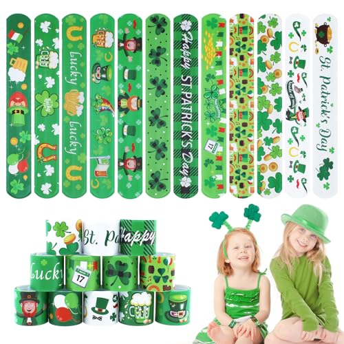 Genuvi St Patricks Slap Bracelets for Kids 36PCS Bulk Shamrock Snap Bracelets St Patricks Day Party Favors Goodie Bag Stuffers Supplies St Patricks Day Accessories Treats Green Irish Gifts Toys for Kids - Image 1