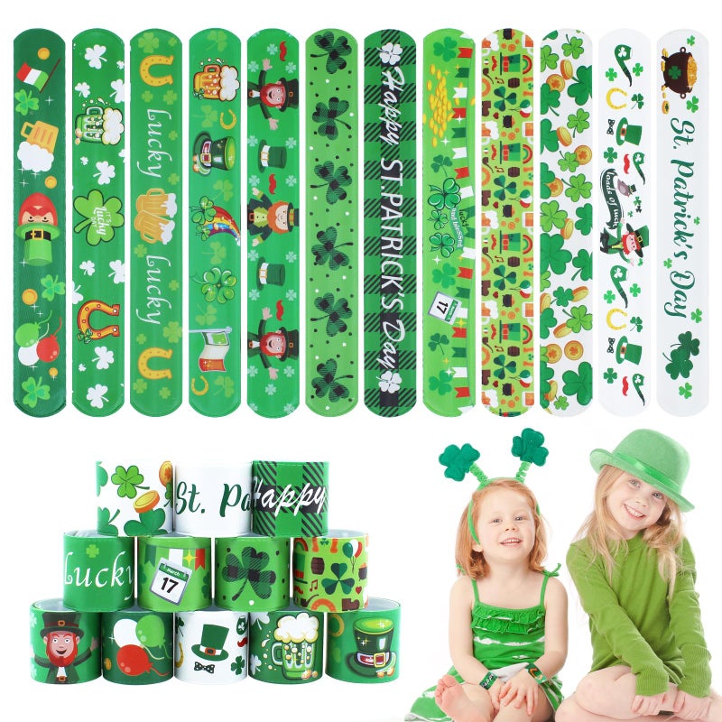 Genuvi St Patricks Slap Bracelets for Kids 36PCS Bulk Shamrock Snap Bracelets St Patricks Day Party Favors Goodie Bag Stuffers Supplies St Patricks Day Accessories Treats Green Irish Gifts Toys for Kids - Image 3