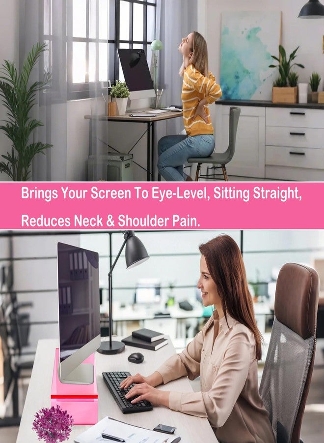 CalorMixs Ergonomic Bright Pink Acrylic Monitor Riser Stand for Desk, Relieve Pressure on The Waist and Back, Extra Storage Space,Stylish & Modern Desktop Organizer, Perfect for Office/Birthday/Christmas - Image 3