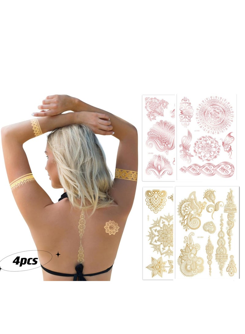 4 sheets of gold metallic tattoo papers, flowers and other patterns. Women's face tattoos are waterproof, non-toxic and long lasting, suitable for holiday party and holiday styles (gold, rose gold) - Image 1