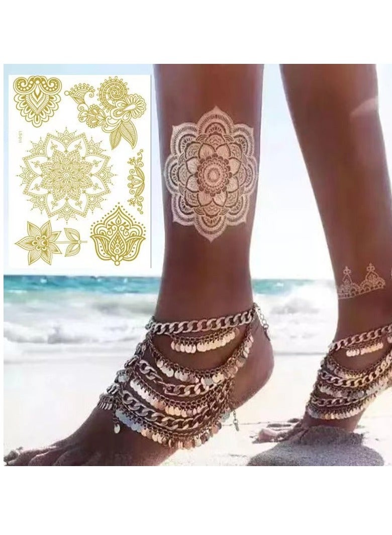 4 sheets of gold metallic tattoo papers, flowers and other patterns. Women's face tattoos are waterproof, non-toxic and long lasting, suitable for holiday party and holiday styles (gold, rose gold) - Image 2