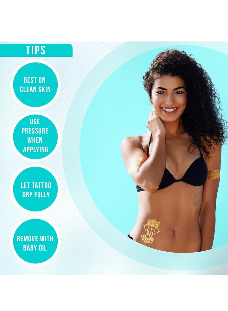 4 sheets of gold metallic tattoo papers, flowers and other patterns. Women's face tattoos are waterproof, non-toxic and long lasting, suitable for holiday party and holiday styles (gold, rose gold) - Image 3