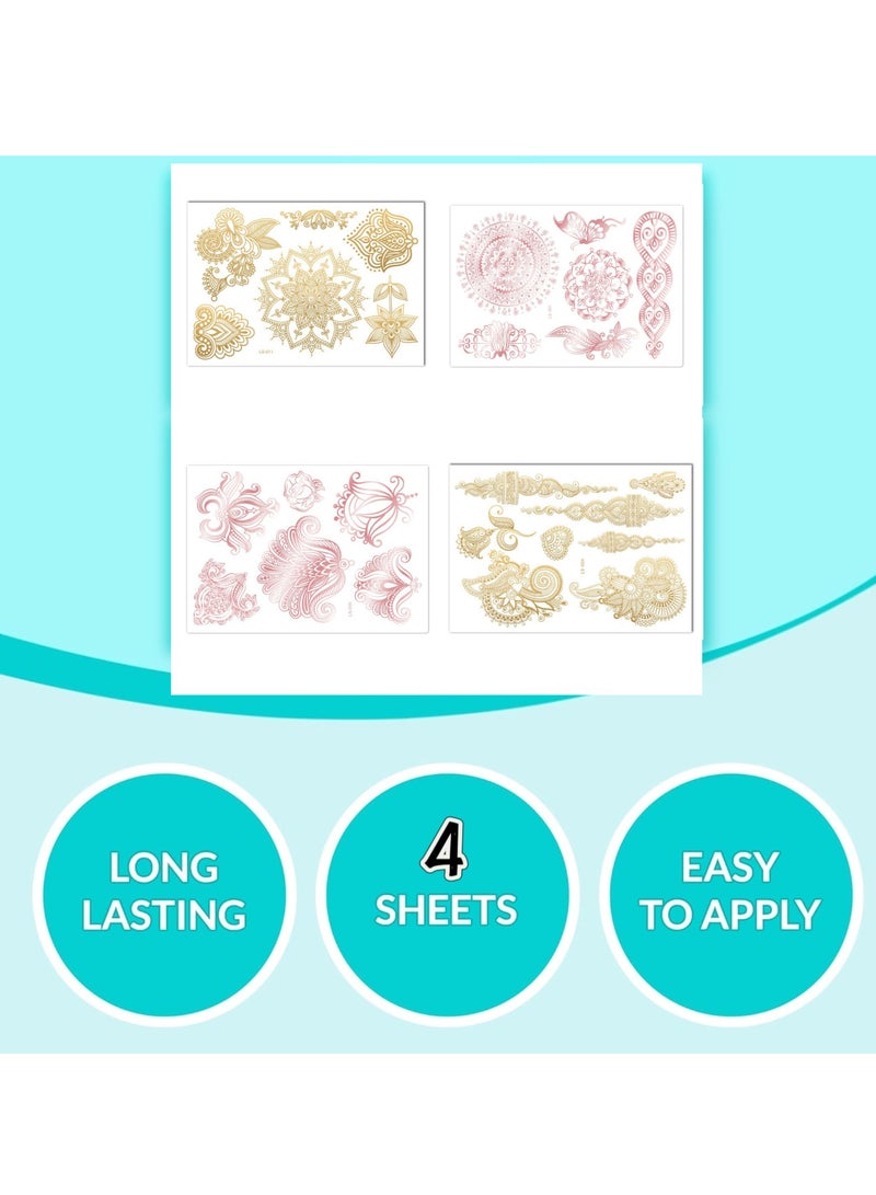 4 sheets of gold metallic tattoo papers, flowers and other patterns. Women's face tattoos are waterproof, non-toxic and long lasting, suitable for holiday party and holiday styles (gold, rose gold) - Image 4
