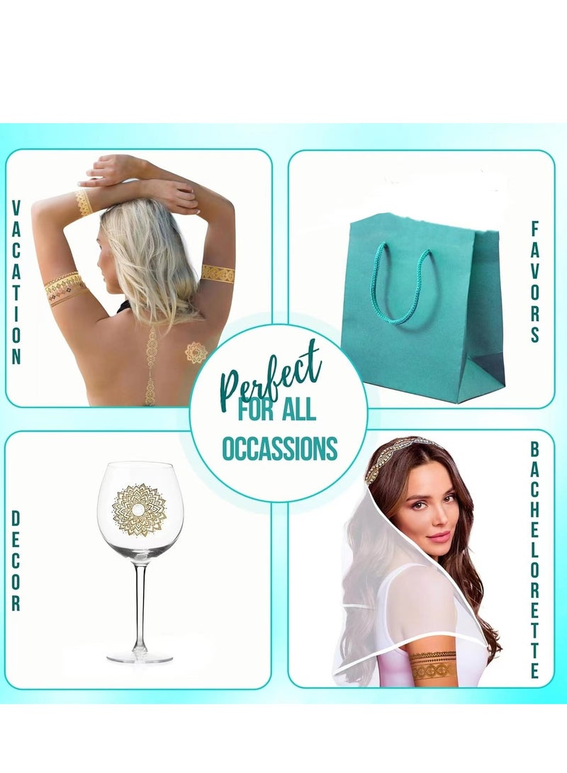 4 sheets of gold metallic tattoo papers, flowers and other patterns. Women's face tattoos are waterproof, non-toxic and long lasting, suitable for holiday party and holiday styles (gold, rose gold) - Image 5