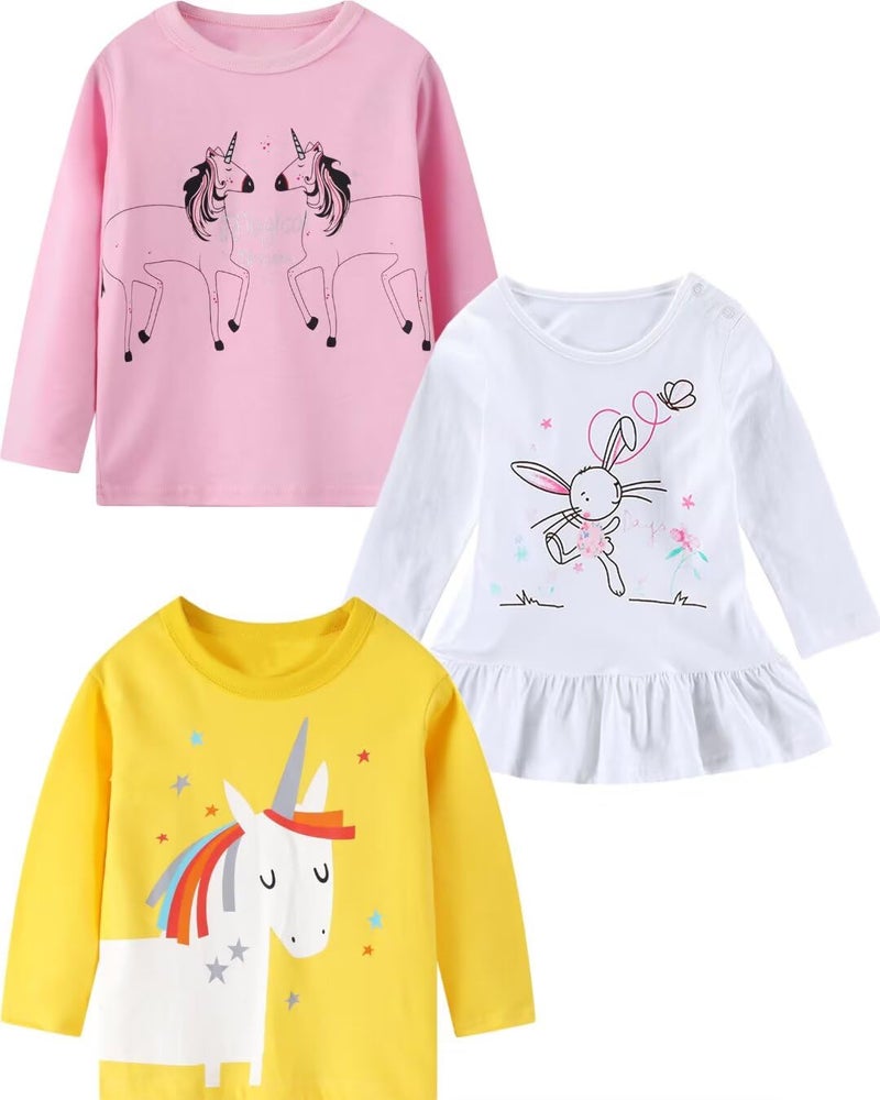 MSSMART Girls Toddler Long Sleeve Shirts Fall Crewneck Pink Yellow Unicorn Top Kids Cotton Autumn Clothes 3 Packs Size 2T - Image 1