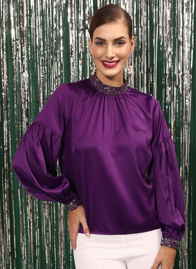 STREET 9 Purple High Neck Sequined Puff Sleeves Top for Women