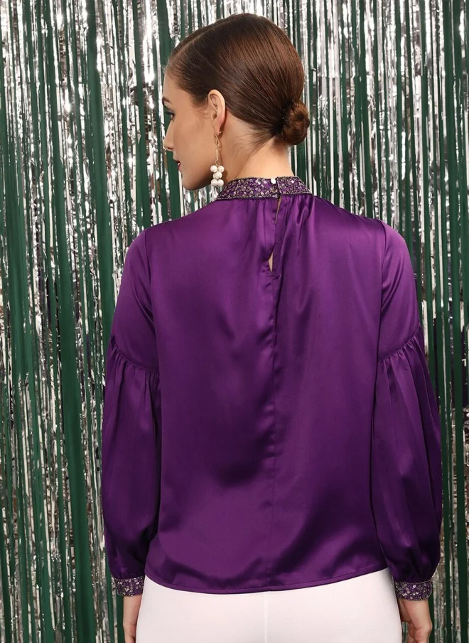 STREET 9 Purple High Neck Sequined Puff Sleeves Top for Women