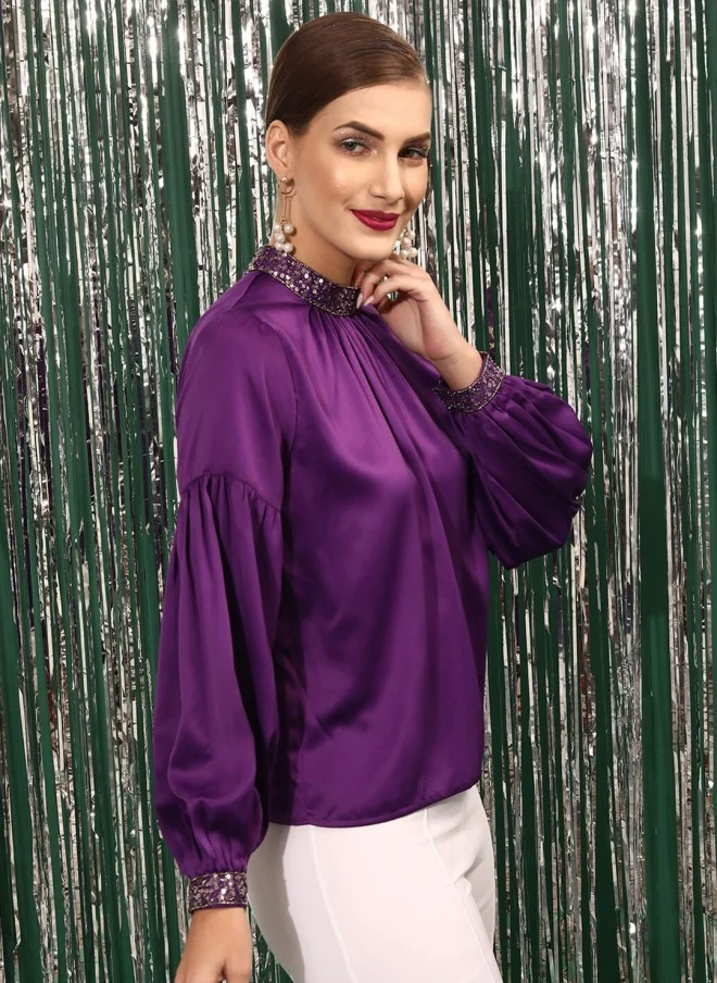 STREET 9 Purple High Neck Sequined Puff Sleeves Top for Women