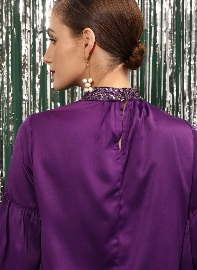 STREET 9 Purple High Neck Sequined Puff Sleeves Top for Women