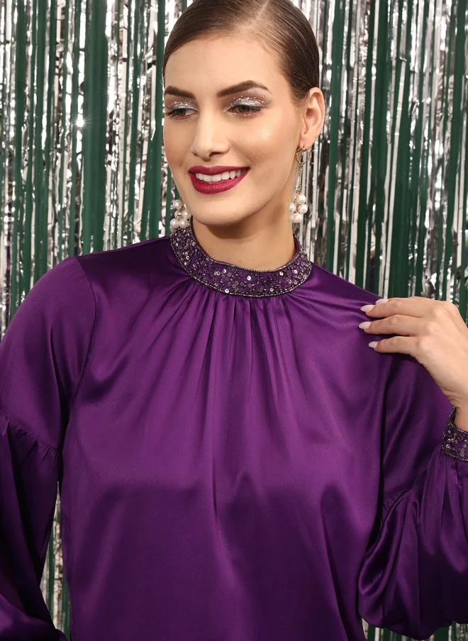STREET 9 Purple High Neck Sequined Puff Sleeves Top for Women