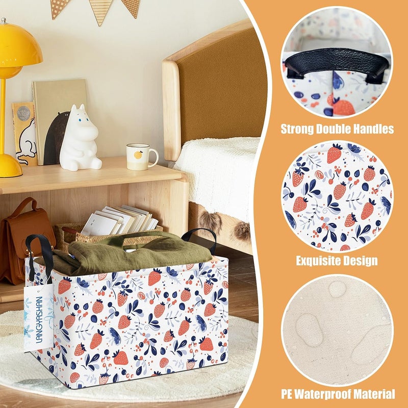 LANGYASHAN Rectangular Storage Bin Collapse Canvas Fabric Cartoon Storage Basket with Handles for Organizing Home Kitchen Boys and Girls Toys Office Closet Shelf Baskets (Rec Strawberry) - Image 3