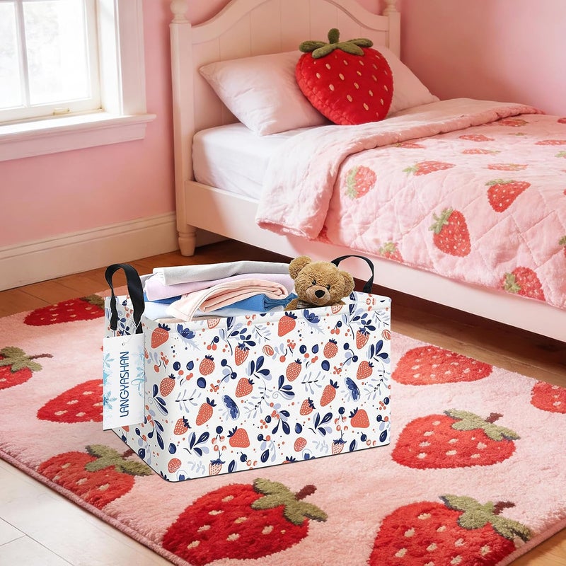 LANGYASHAN Rectangular Storage Bin Collapse Canvas Fabric Cartoon Storage Basket with Handles for Organizing Home Kitchen Boys and Girls Toys Office Closet Shelf Baskets (Rec Strawberry) - Image 5