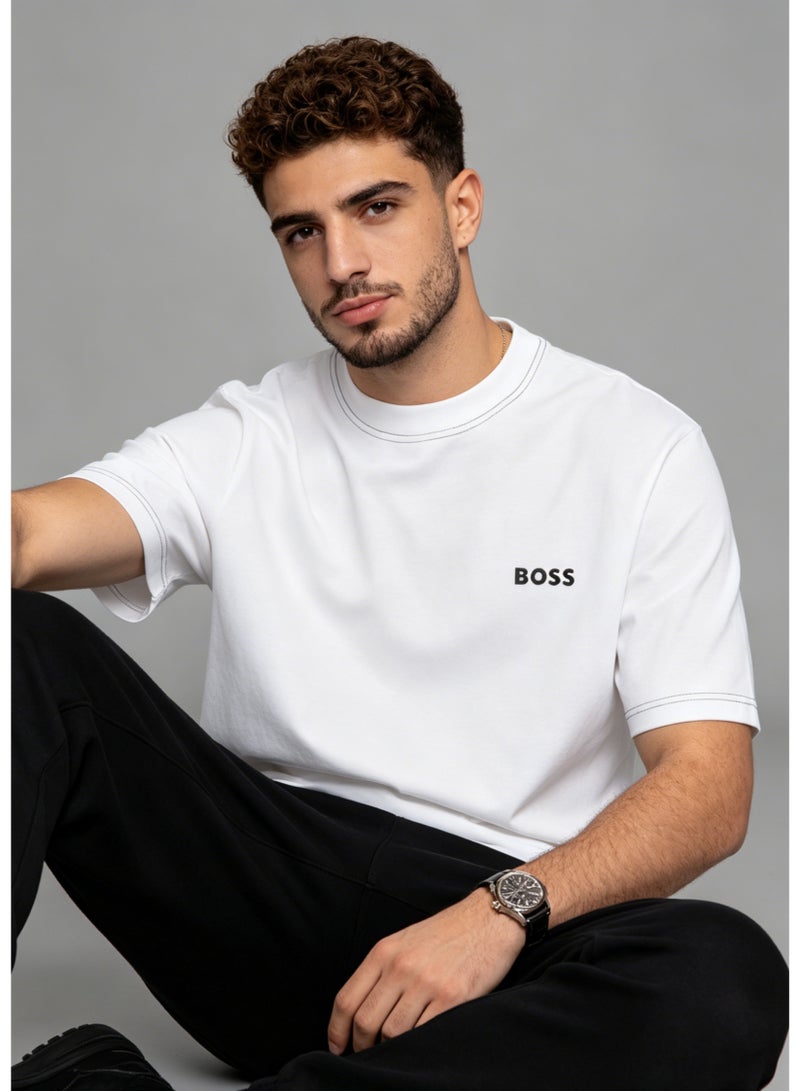 BOSS Men's Crew Neck Short Sleeve T-Shirt, Contrast Stitch on Neck & Cuffs, Premium Cotton, Chest Printed Logo, White - Image 1