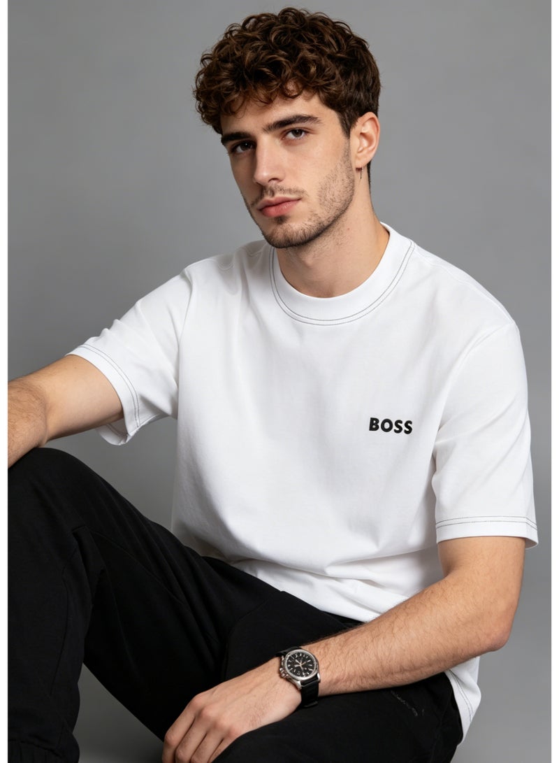 BOSS Men's Crew Neck Short Sleeve T-Shirt, Contrast Stitch on Neck & Cuffs, Premium Cotton, Chest Printed Logo, White - Image 3