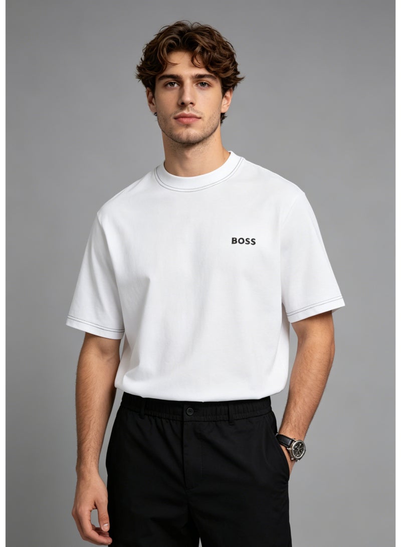 BOSS Men's Crew Neck Short Sleeve T-Shirt, Contrast Stitch on Neck & Cuffs, Premium Cotton, Chest Printed Logo, White - Image 2