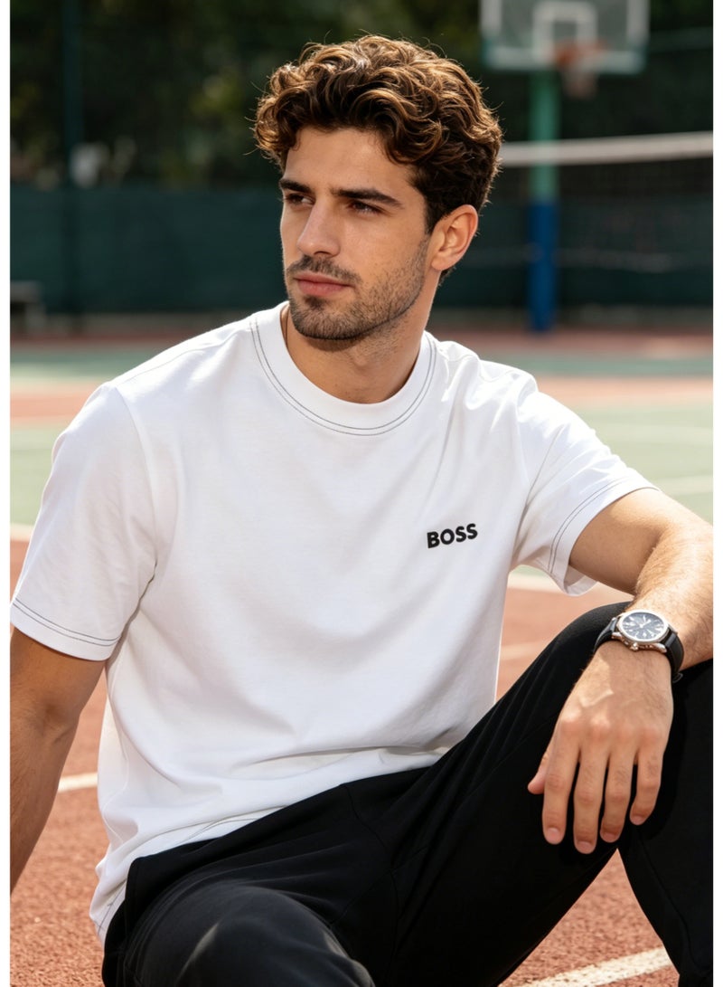 BOSS Men's Crew Neck Short Sleeve T-Shirt, Contrast Stitch on Neck & Cuffs, Premium Cotton, Chest Printed Logo, White - Image 5