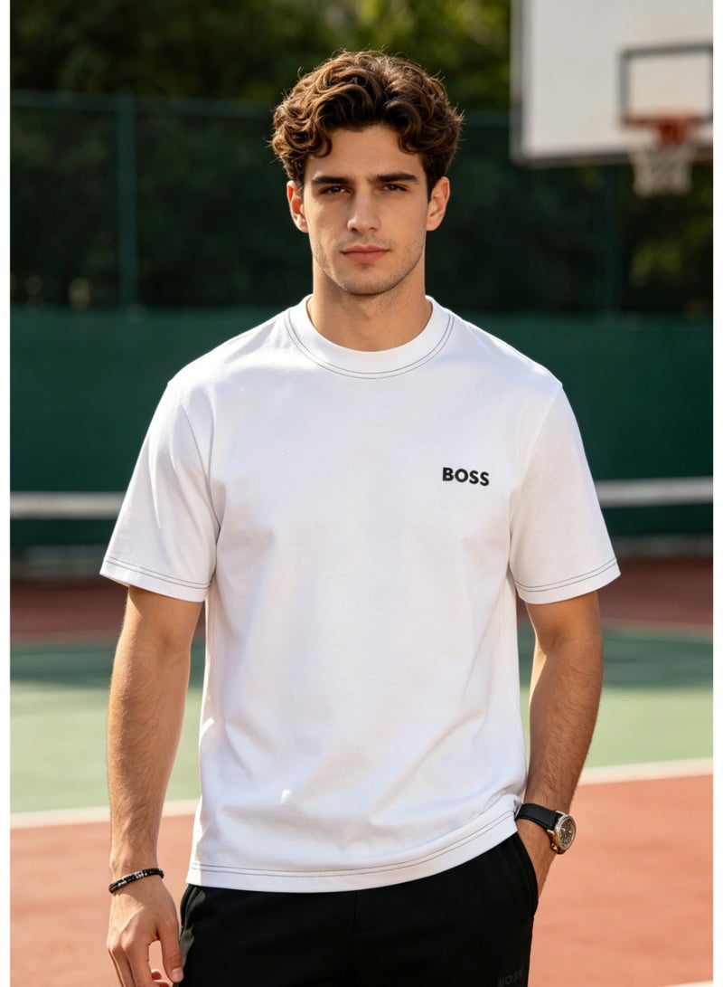 BOSS Men's Crew Neck Short Sleeve T-Shirt, Contrast Stitch on Neck & Cuffs, Premium Cotton, Chest Printed Logo, White - Image 4