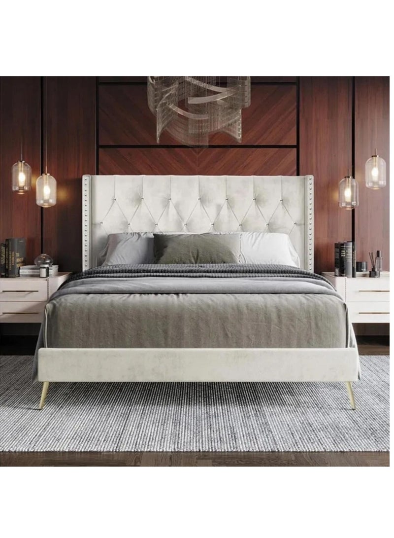 Karnak Caroline Velvet Bed Frame Bedroom Furniture Strong And Sturdy Modern Design Wooden Bed Queen Size 150x200cm Beige - Image 1