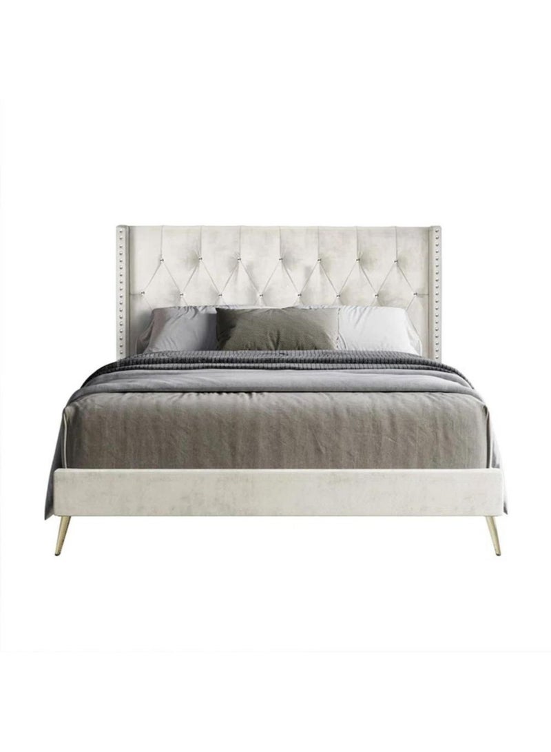 Karnak Caroline Velvet Bed Frame Bedroom Furniture Strong And Sturdy Modern Design Wooden Bed Queen Size 150x200cm Beige - Image 3