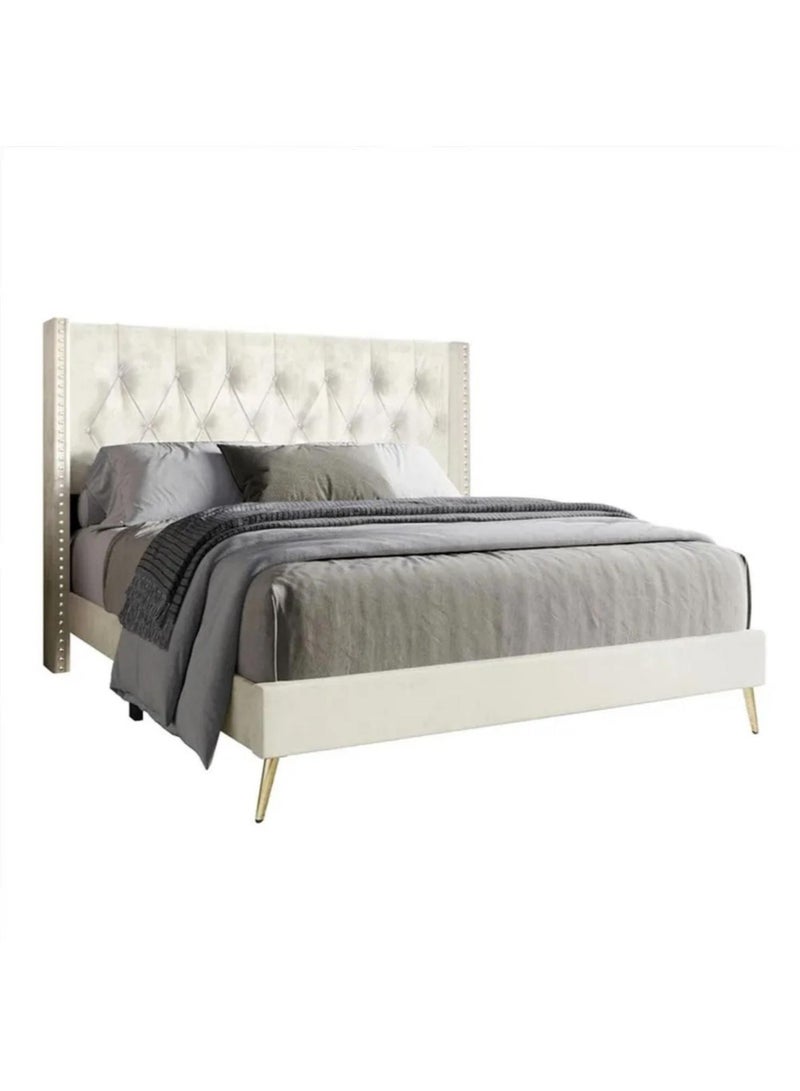 Karnak Caroline Velvet Bed Frame Bedroom Furniture Strong And Sturdy Modern Design Wooden Bed Queen Size 150x200cm Beige - Image 4