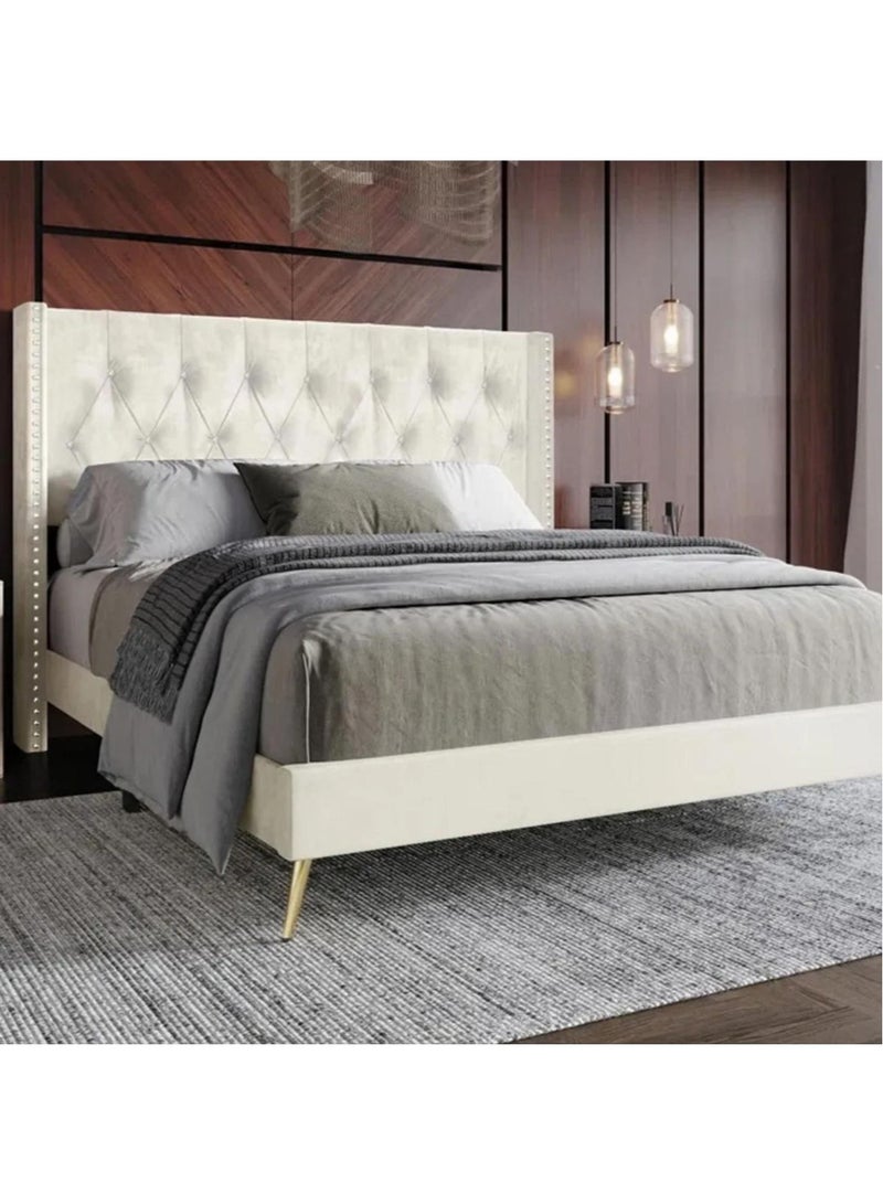 Karnak Caroline Velvet Bed Frame Bedroom Furniture Strong And Sturdy Modern Design Wooden Bed Queen Size 150x200cm Beige - Image 2