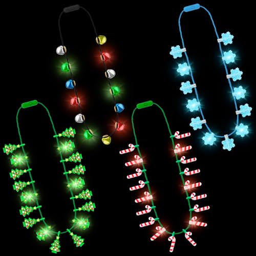 Traplace 4PCS Christmas Light Up Necklace 3 Modes Xmas Accessories with Bell Tree Candy Cane Snowflake Designs Vibrant Bulbs Festive Party Supplies Christmas Necklace for Ugly Sweater Party Favors - Image 1