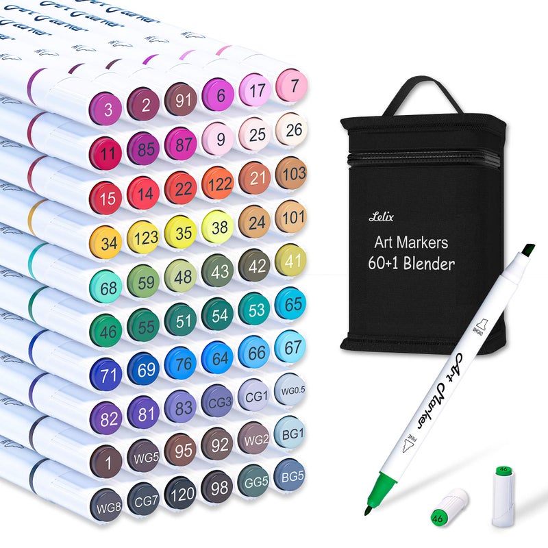 Lelix 61 Colors Alcohol Art Markers 60 Colors Plus 1 Blender Dual Tip Permanent Marker Pens Highlighters Perfect for Kids Adults Artist Drawing Sketching Card Making Coloring Books