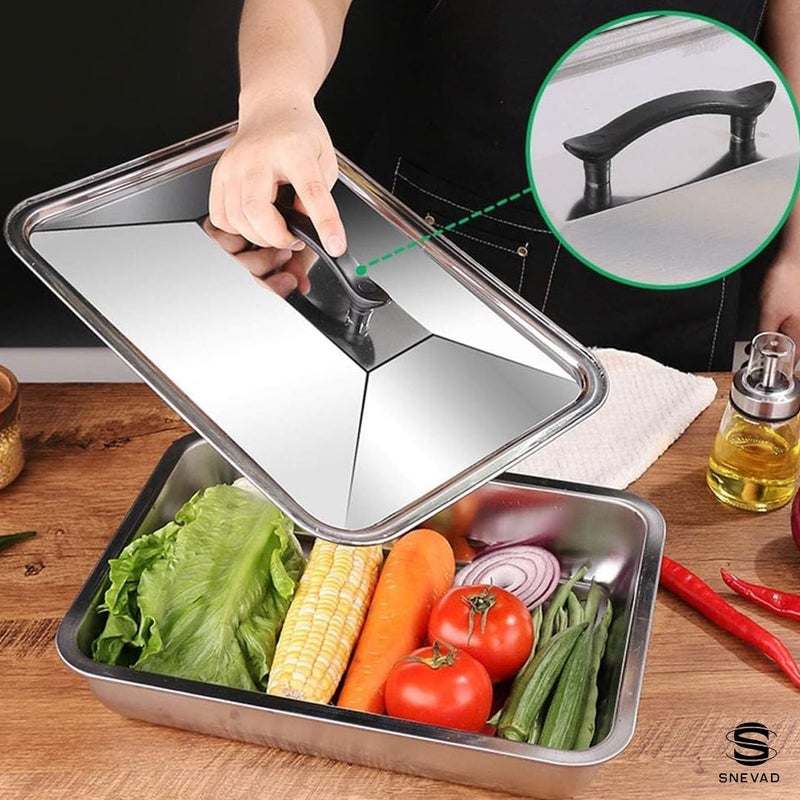 Snevad Snevad Stainless Steel Square Rectangular Roasting Pan with Steel Lid and Grip Handle Plate Roaster Pan Baking Tray Fish Chicken Food Tray Grill Plate Serving Dish Plate Dishwasher Safe [35x27x8 CM] - Image 4