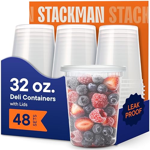 Stack Man 32 oz Deli Containers with Lids 48 Sets Quart Clear Plastic Food Storage Containers Airtight LeakResistant Seal BPAFree Microwave Freezer Safe Meal Prep Soup Takeout toGo - Image 2
