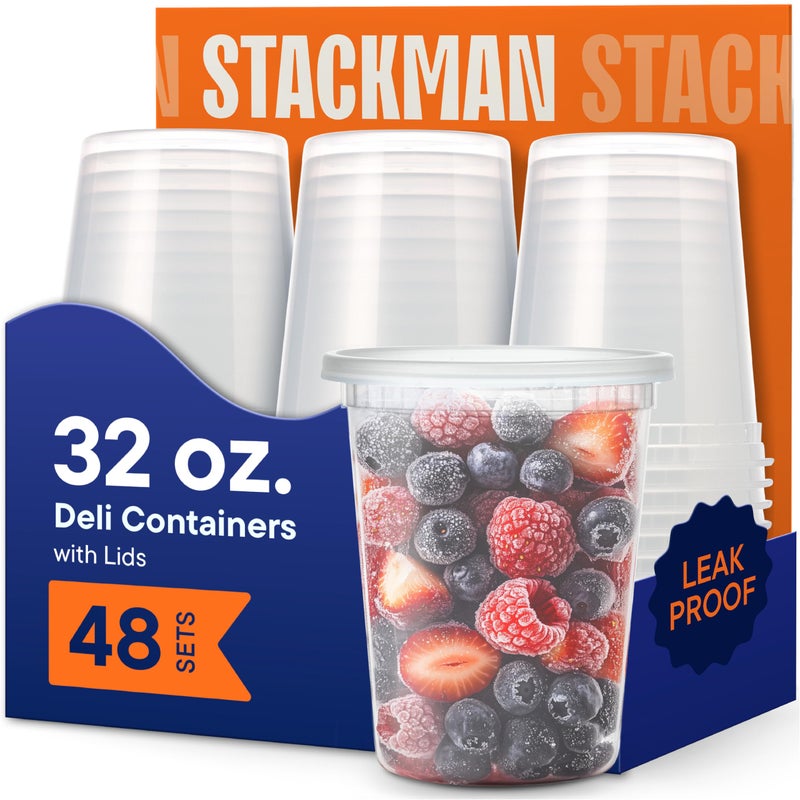 Stack Man 32 oz Deli Containers with Lids 48 Sets Quart Clear Plastic Food Storage Containers Airtight LeakResistant Seal BPAFree Microwave Freezer Safe Meal Prep Soup Takeout toGo - Image 3