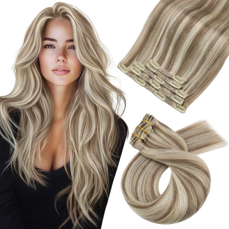 Moresoo Blonde Clip in Hair Extensions for Women Brown Highlight Real Hair Extensions Clip in Human Hair Light Brown with Blonde Full Head 7Pcs 120G 24inch