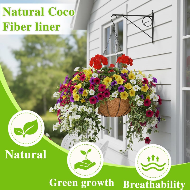 EIMQUVW 4 Pack Hanging Planter Basket with Coco Coin Liner 8 inch Hanging Flower Pots Outdoor Decorative Round Wire Plant Holder with Chain Metal Hanging Baskets for Plants Outdoor - Image 2