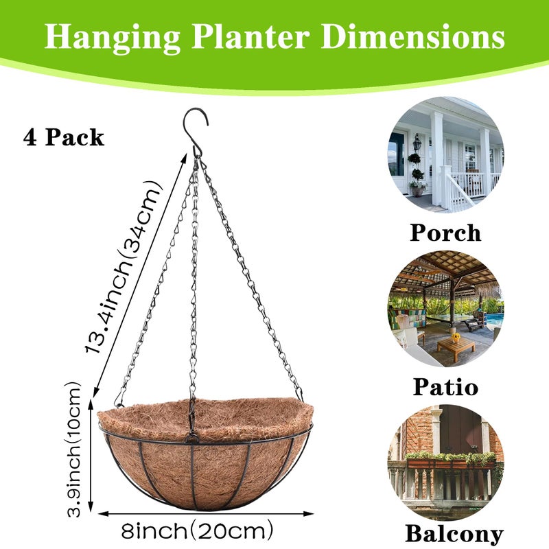 EIMQUVW 4 Pack Hanging Planter Basket with Coco Coin Liner 8 inch Hanging Flower Pots Outdoor Decorative Round Wire Plant Holder with Chain Metal Hanging Baskets for Plants Outdoor - Image 4