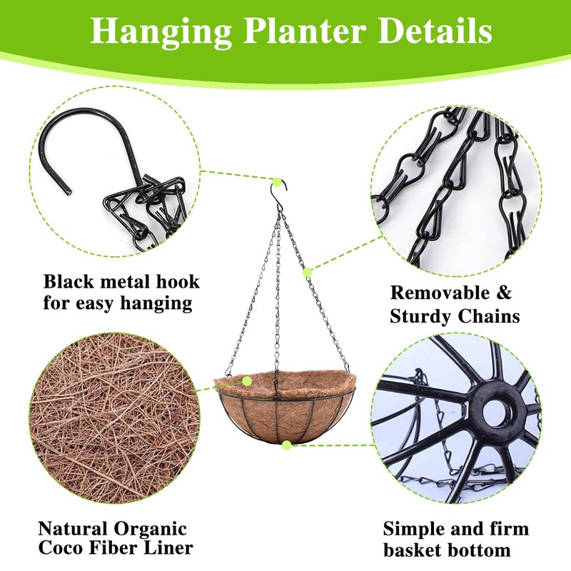 EIMQUVW 4 Pack Hanging Planter Basket with Coco Coin Liner 8 inch Hanging Flower Pots Outdoor Decorative Round Wire Plant Holder with Chain Metal Hanging Baskets for Plants Outdoor - Image 5