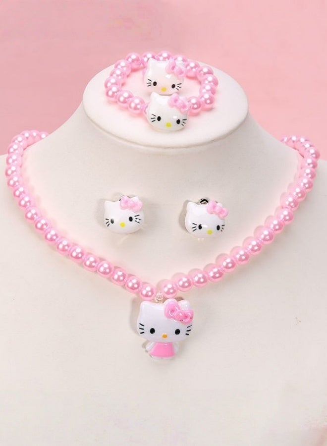 Girls 4pcs Accessories Set Pink Hello Kitty Design Includes Necklace Earrings Ring Bracelet Cute Cartoon Ideal Birthday Gift For School Daily Wear Party - Image 3