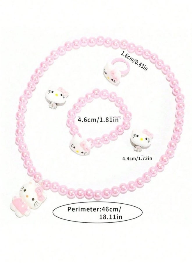 Girls 4pcs Accessories Set Pink Hello Kitty Design Includes Necklace Earrings Ring Bracelet Cute Cartoon Ideal Birthday Gift For School Daily Wear Party - Image 2